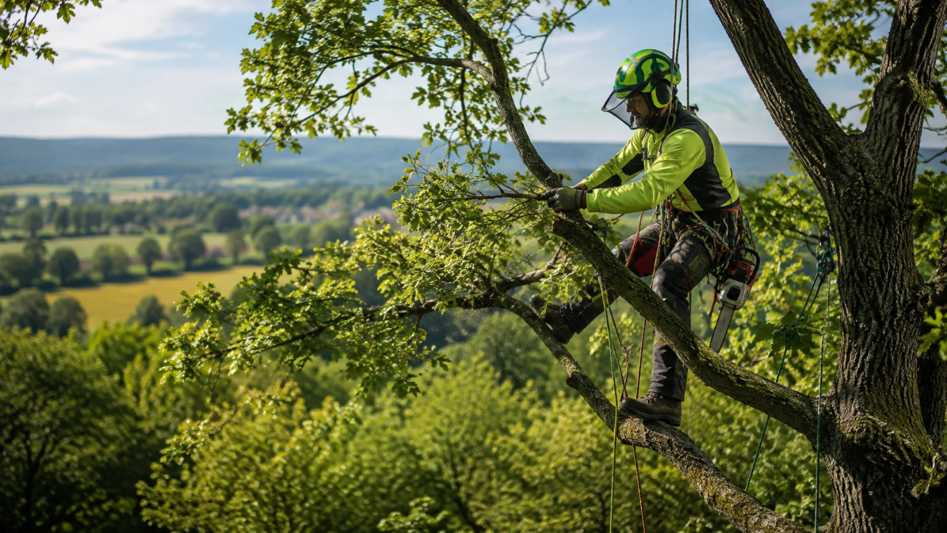 Arborista při práci v koruně stromu